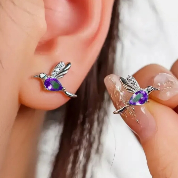 Purple Hummingbird Earrings Purple - Picture 2 of 4